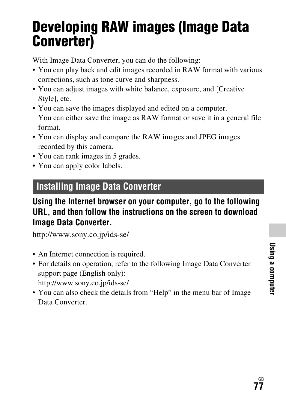 Using a computer, Developing raw images (image data converter), Installing image data converter | Sony Battery and Travel DC Charger Kit with NP-BX1 Battery User Manual | Page 77 / 92