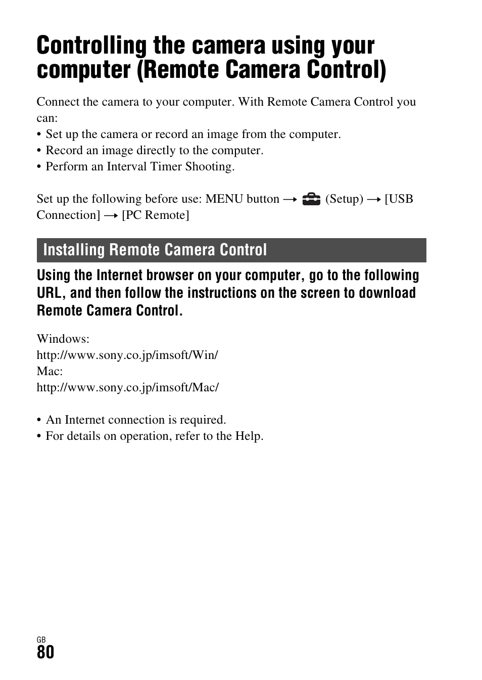 Installing remote camera control, Controlling the camera using your computer | Sony Battery and Travel DC Charger Kit with NP-BX1 Battery User Manual | Page 80 / 92