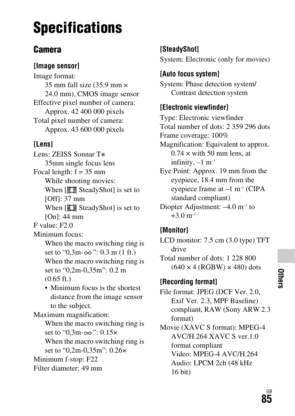 Specifications, Camera | Sony Battery and Travel DC Charger Kit with NP-BX1 Battery User Manual | Page 85 / 92