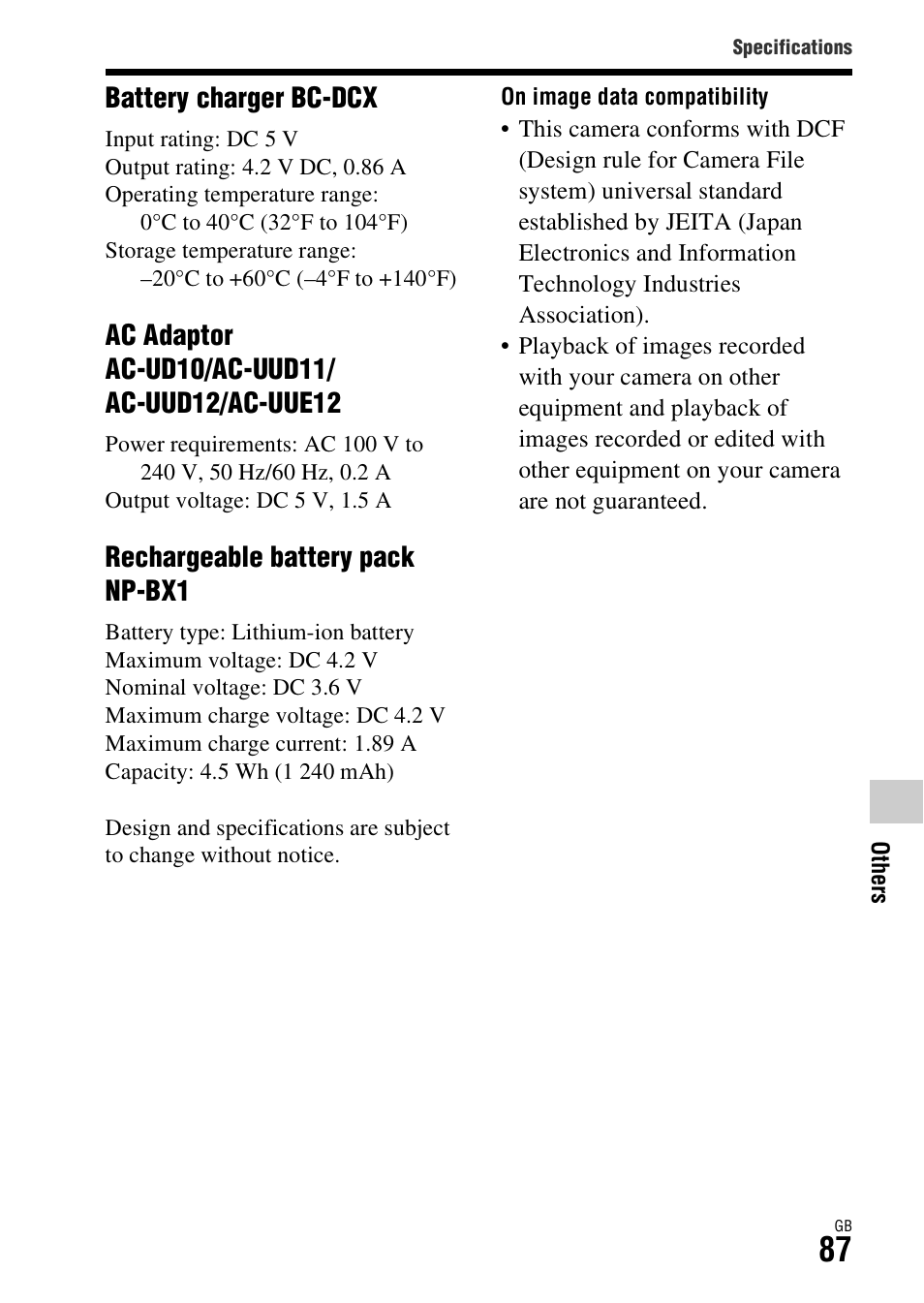 Battery charger bc-dcx, Rechargeable battery pack np-bx1 | Sony Battery and Travel DC Charger Kit with NP-BX1 Battery User Manual | Page 87 / 92