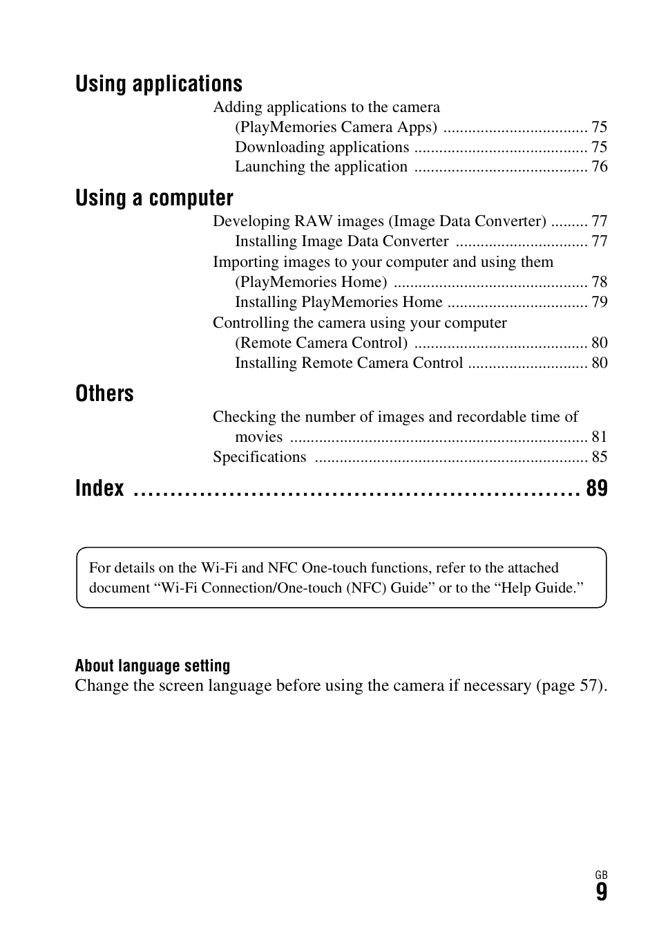 Using applications, Using a computer, Others | Index | Sony Battery and Travel DC Charger Kit with NP-BX1 Battery User Manual | Page 9 / 92