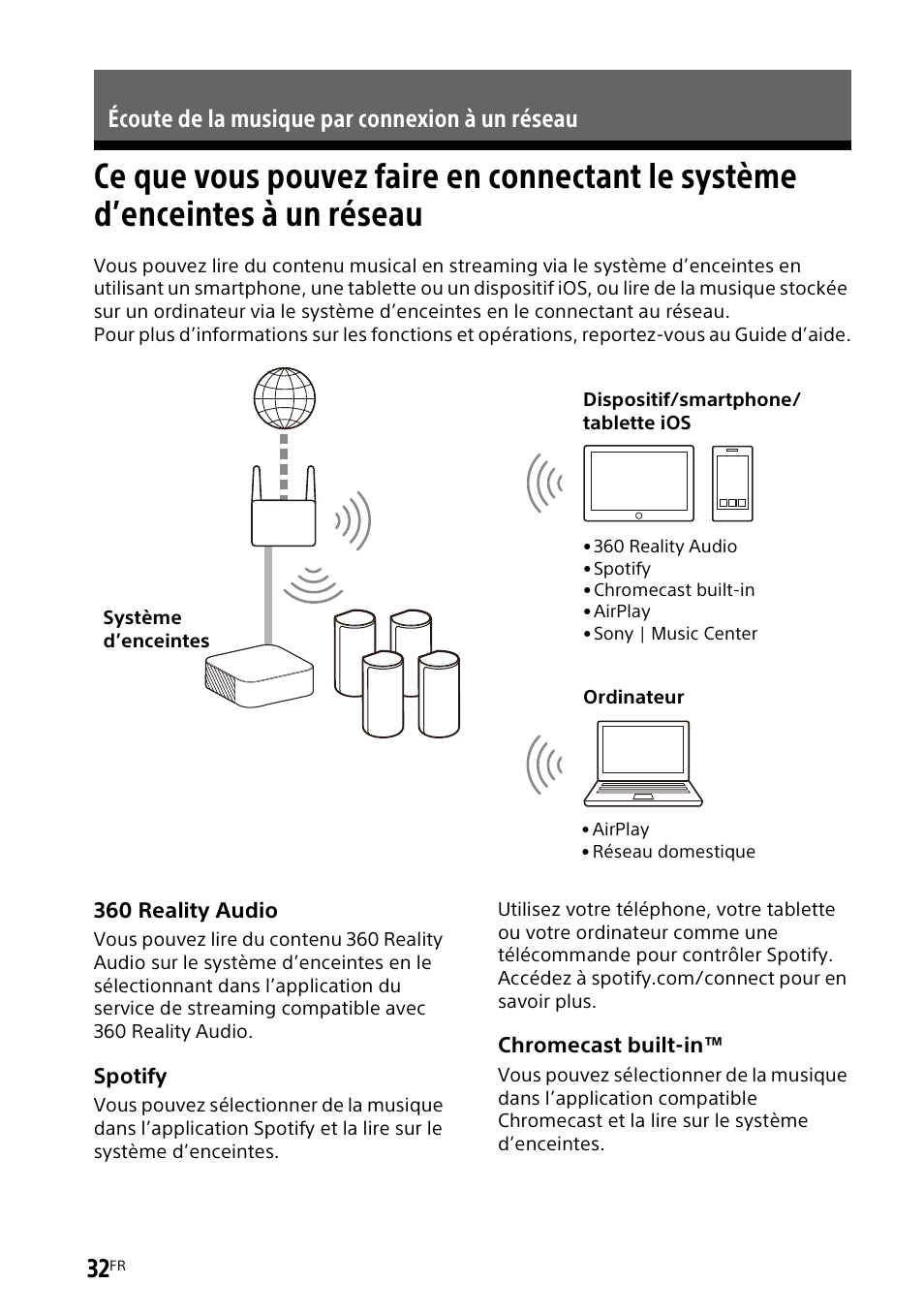 Écoute de la musique par connexion à un réseau, Ce que vous pouvez faire en, Connectant le système d’enceintes à un réseau | Sony UniSlot Interface Adapter (25-Pin Connector) User Manual | Page 104 / 220