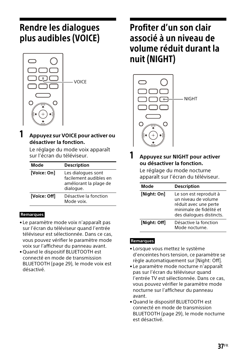 Rendre les dialogues plus audibles (voice), Rendre les dialogues plus audibles, Voice) | Profiter d’un son clair associé à un, Niveau de volume réduit durant la nuit (night) | Sony UniSlot Interface Adapter (25-Pin Connector) User Manual | Page 109 / 220