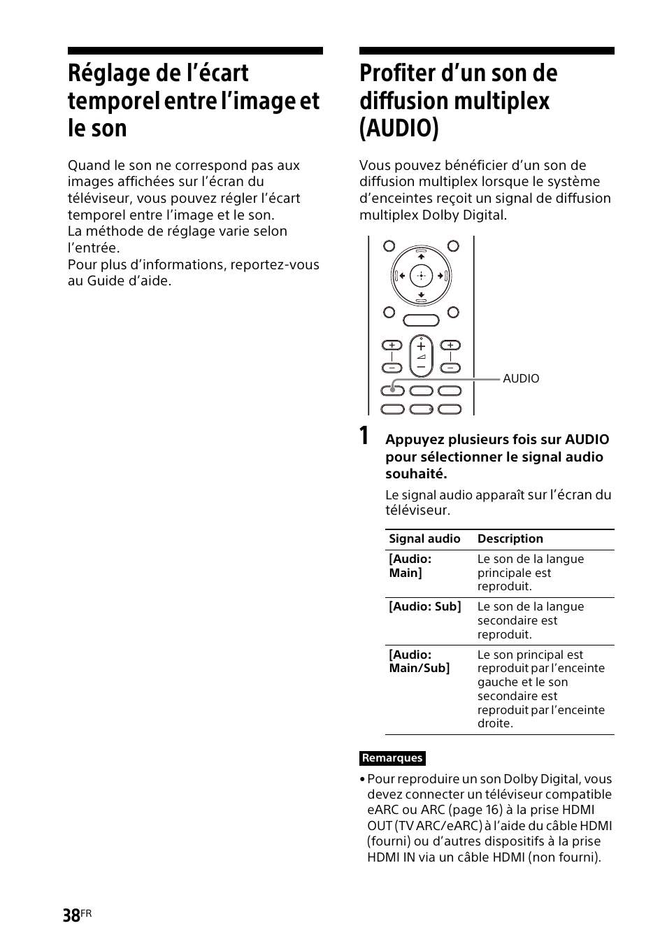 Profiter d’un son de diffusion multiplex (audio), Réglage de l’écart temporel entre, L’image et le son | Profiter d’un son de diffusion, Multiplex (audio) | Sony UniSlot Interface Adapter (25-Pin Connector) User Manual | Page 110 / 220