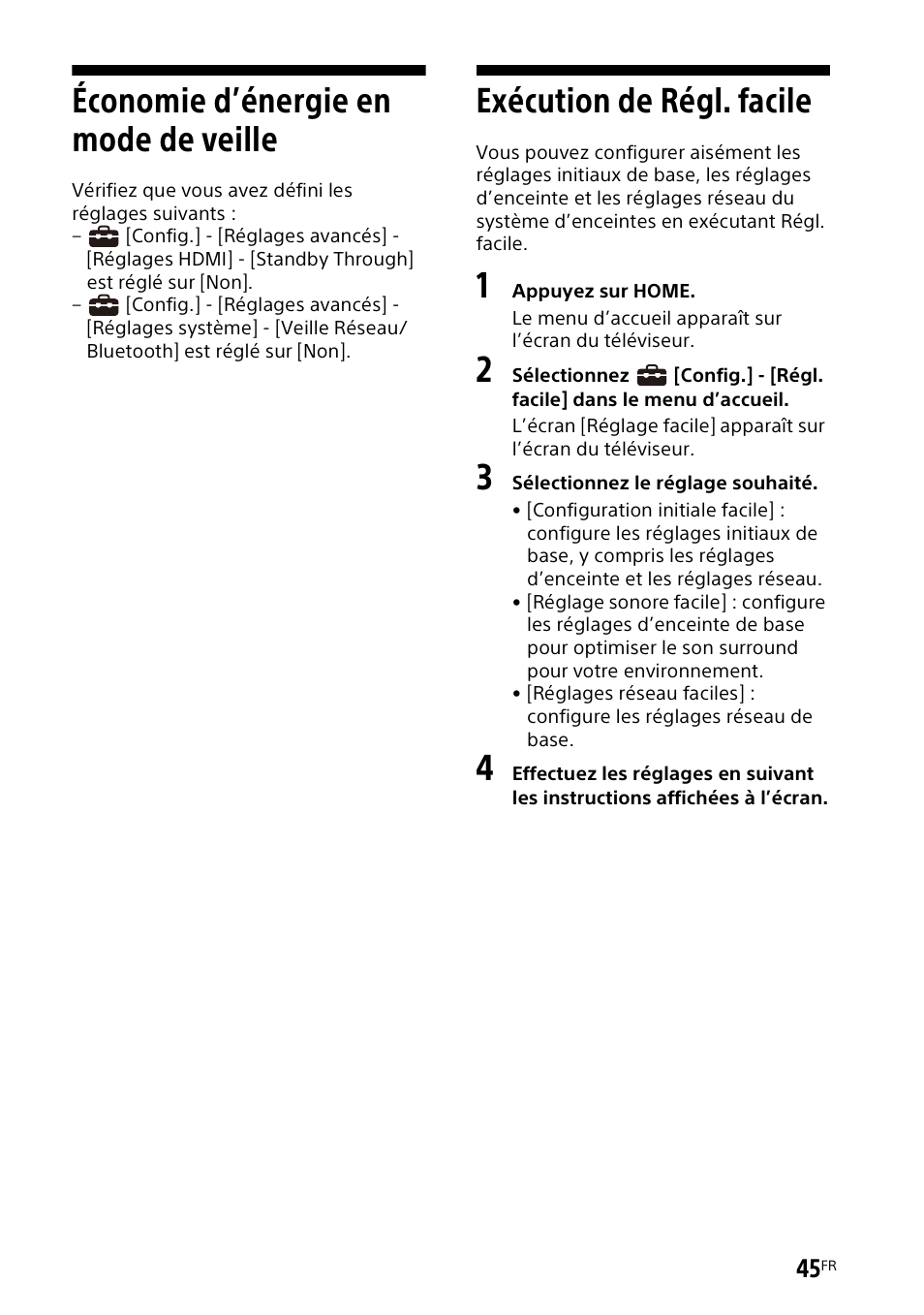 Économie d’énergie en mode de veille, Exécution de régl. facile, Économie d’énergie en mode de | Veille | Sony UniSlot Interface Adapter (25-Pin Connector) User Manual | Page 117 / 220