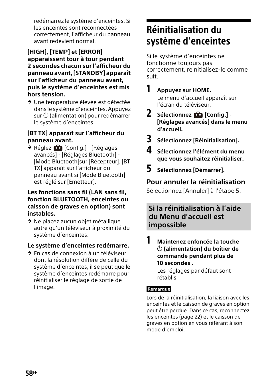 Réinitialisation du système d’enceintes, Réinitialisation du système, D’enceintes | Sony UniSlot Interface Adapter (25-Pin Connector) User Manual | Page 130 / 220