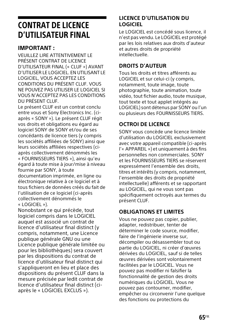 Contrat de licence d’utilisateur final, Contrat de licence, D’utilisateur final | Sony UniSlot Interface Adapter (25-Pin Connector) User Manual | Page 137 / 220