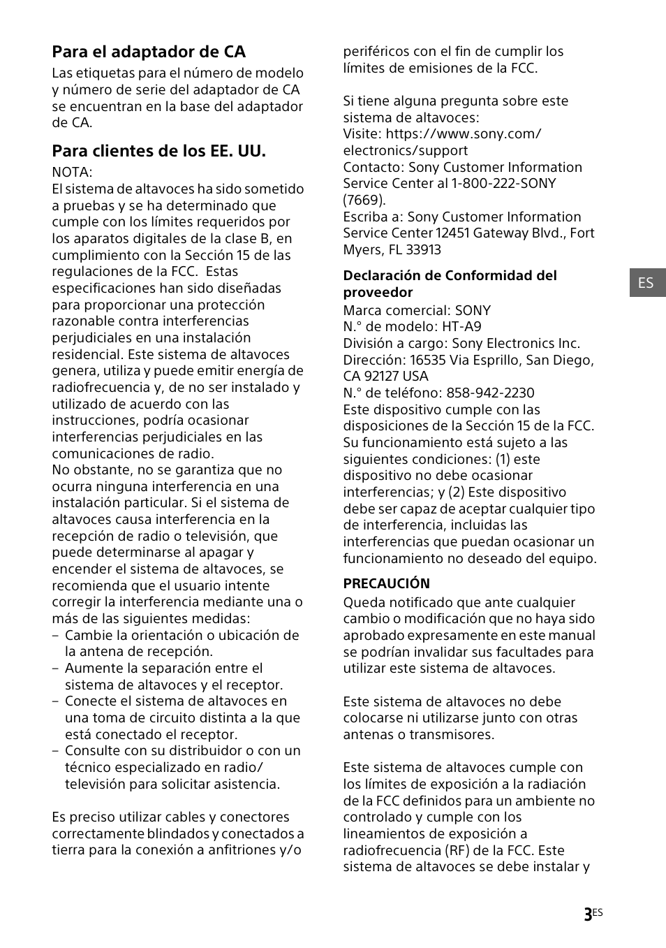 Para el adaptador de ca, Para clientes de los ee. uu | Sony UniSlot Interface Adapter (25-Pin Connector) User Manual | Page 149 / 220