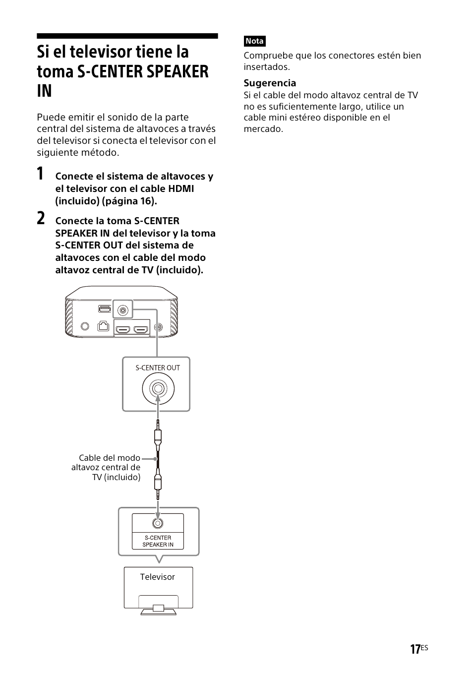 Si el televisor tiene la toma s-center speaker in, Si el televisor tiene la toma, S-center speaker in | Sony UniSlot Interface Adapter (25-Pin Connector) User Manual | Page 163 / 220