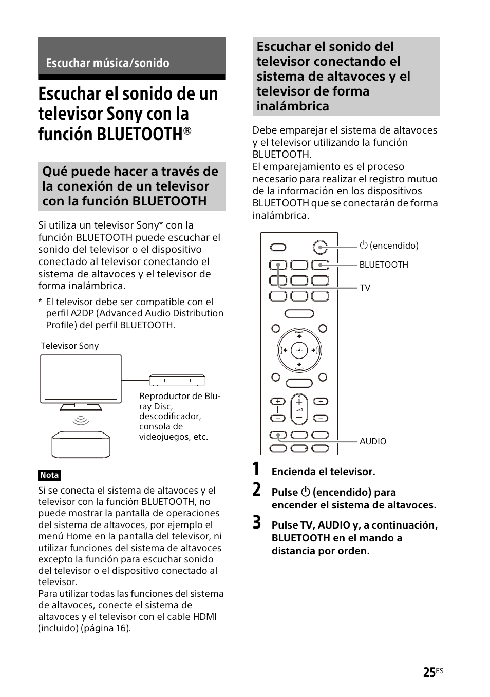 Escuchar música/sonido, Escuchar el sonido de un televisor, Sony con la función bluetooth | Escuchar el sonido de un | Sony UniSlot Interface Adapter (25-Pin Connector) User Manual | Page 171 / 220