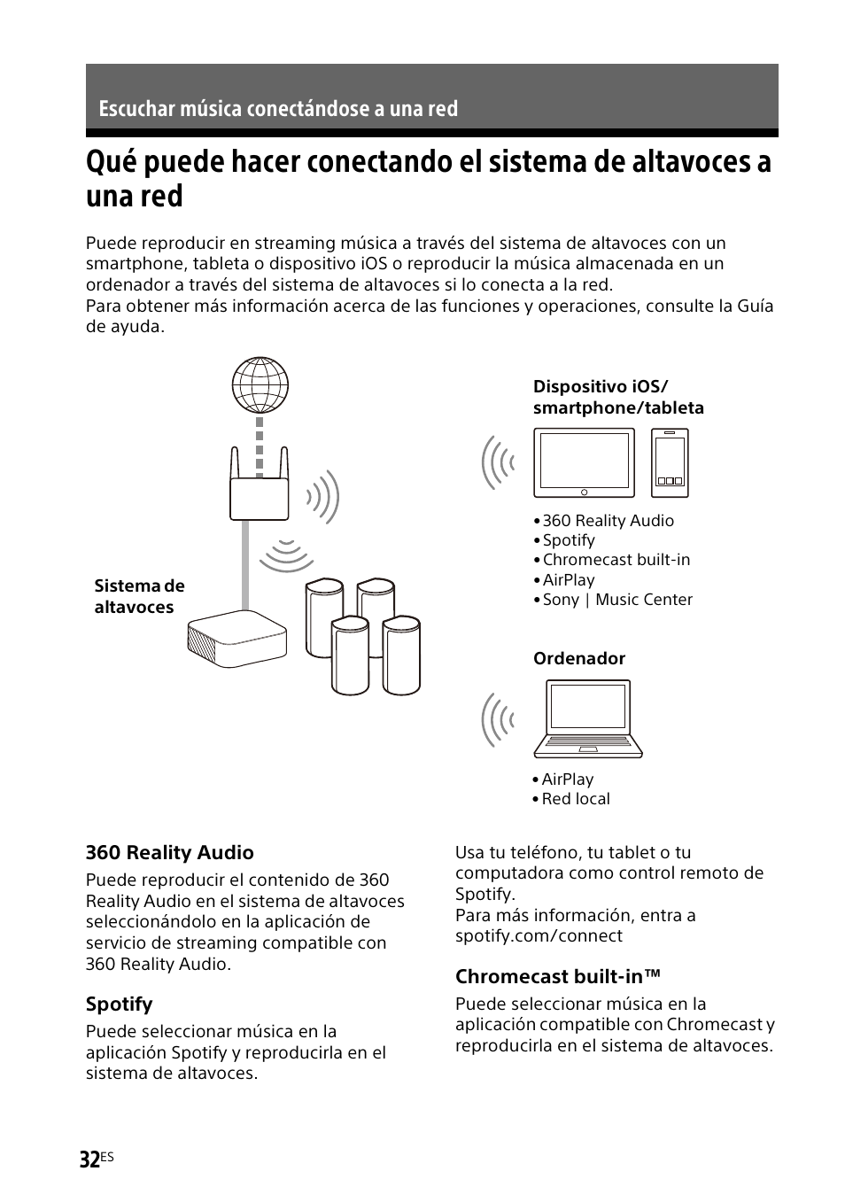 Escuchar música conectándose a una red, Qué puede hacer conectando el, Sistema de altavoces a una red | Sony UniSlot Interface Adapter (25-Pin Connector) User Manual | Page 178 / 220