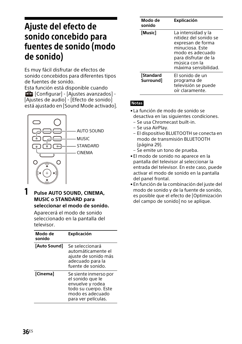 Ajuste del efecto de sonido, Concebido para fuentes de sonido (modo de sonido) | Sony UniSlot Interface Adapter (25-Pin Connector) User Manual | Page 182 / 220