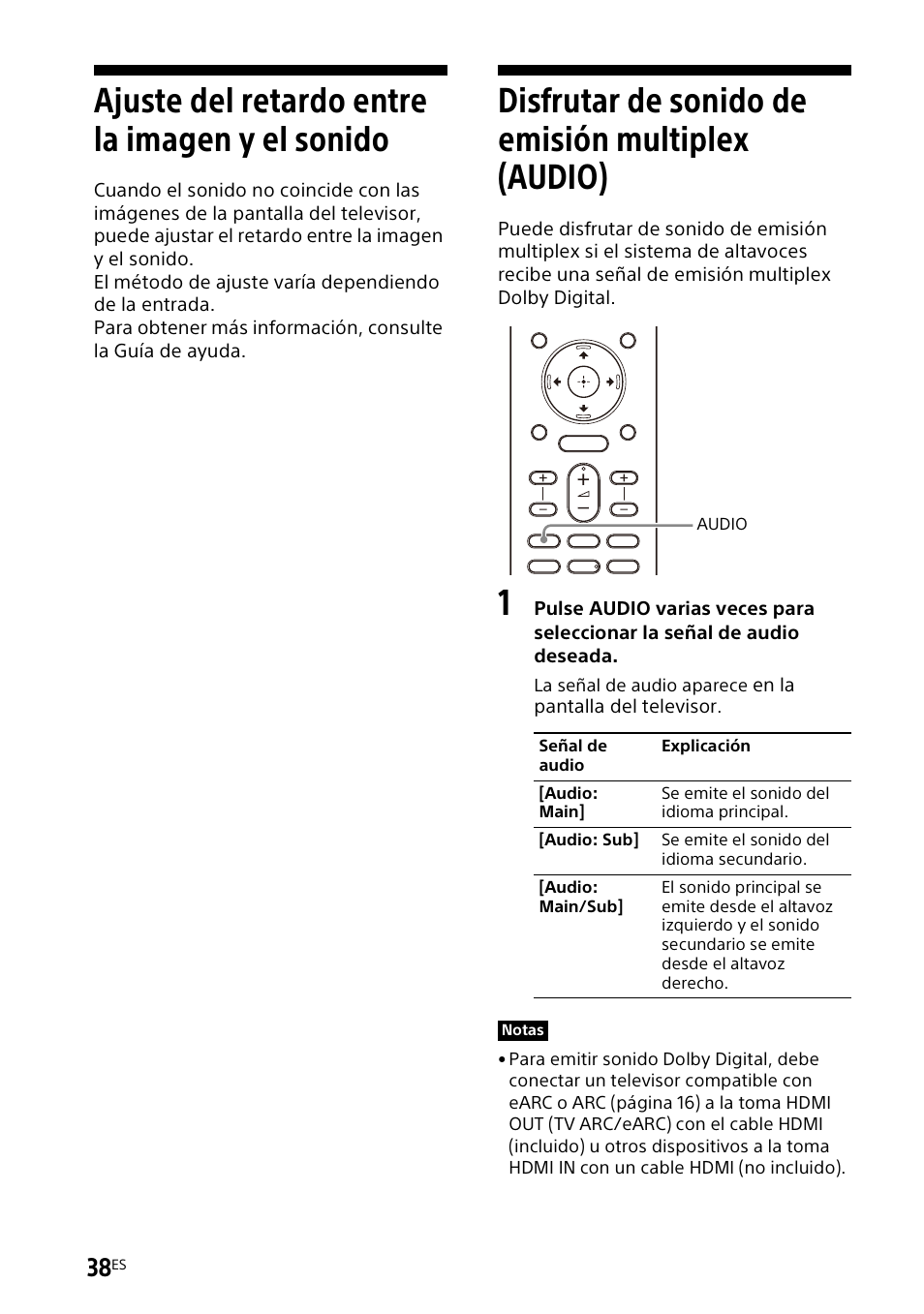 Ajuste del retardo entre la imagen y el sonido, Disfrutar de sonido de emisión multiplex (audio), Ajuste del retardo entre la imagen y | El sonido, Disfrutar de sonido de emisión, Multiplex (audio) | Sony UniSlot Interface Adapter (25-Pin Connector) User Manual | Page 184 / 220