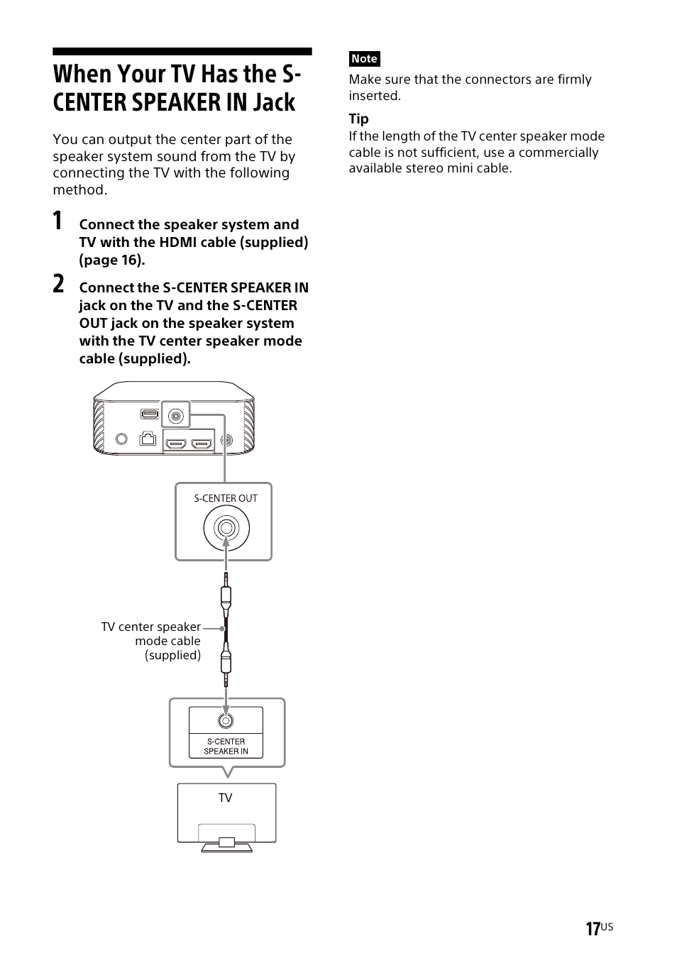 When your tv has the s- center speaker in jack, When your tv has the s-center, Speaker in jack | Sony UniSlot Interface Adapter (25-Pin Connector) User Manual | Page 19 / 220