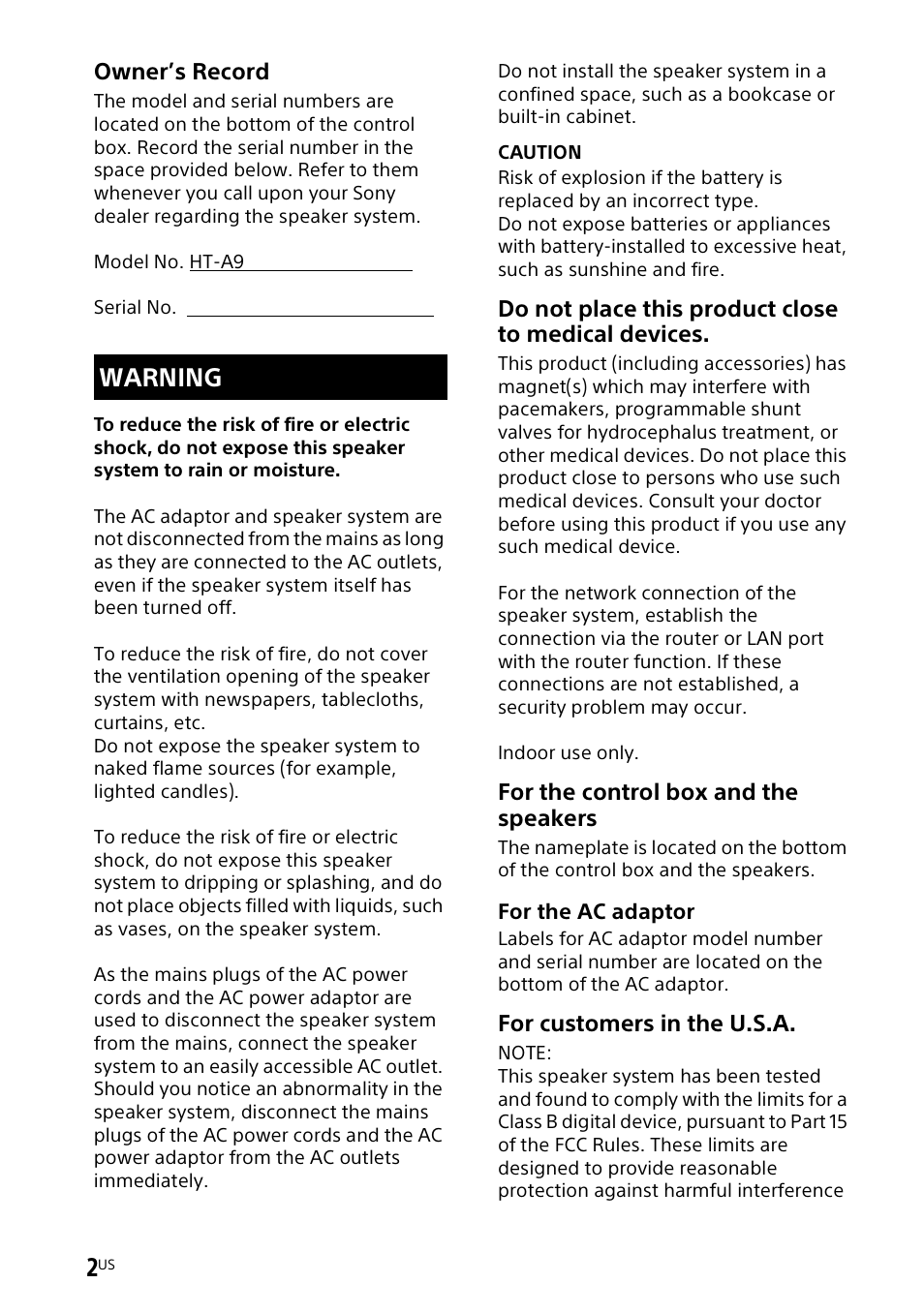 Warning | Sony UniSlot Interface Adapter (25-Pin Connector) User Manual | Page 2 / 220