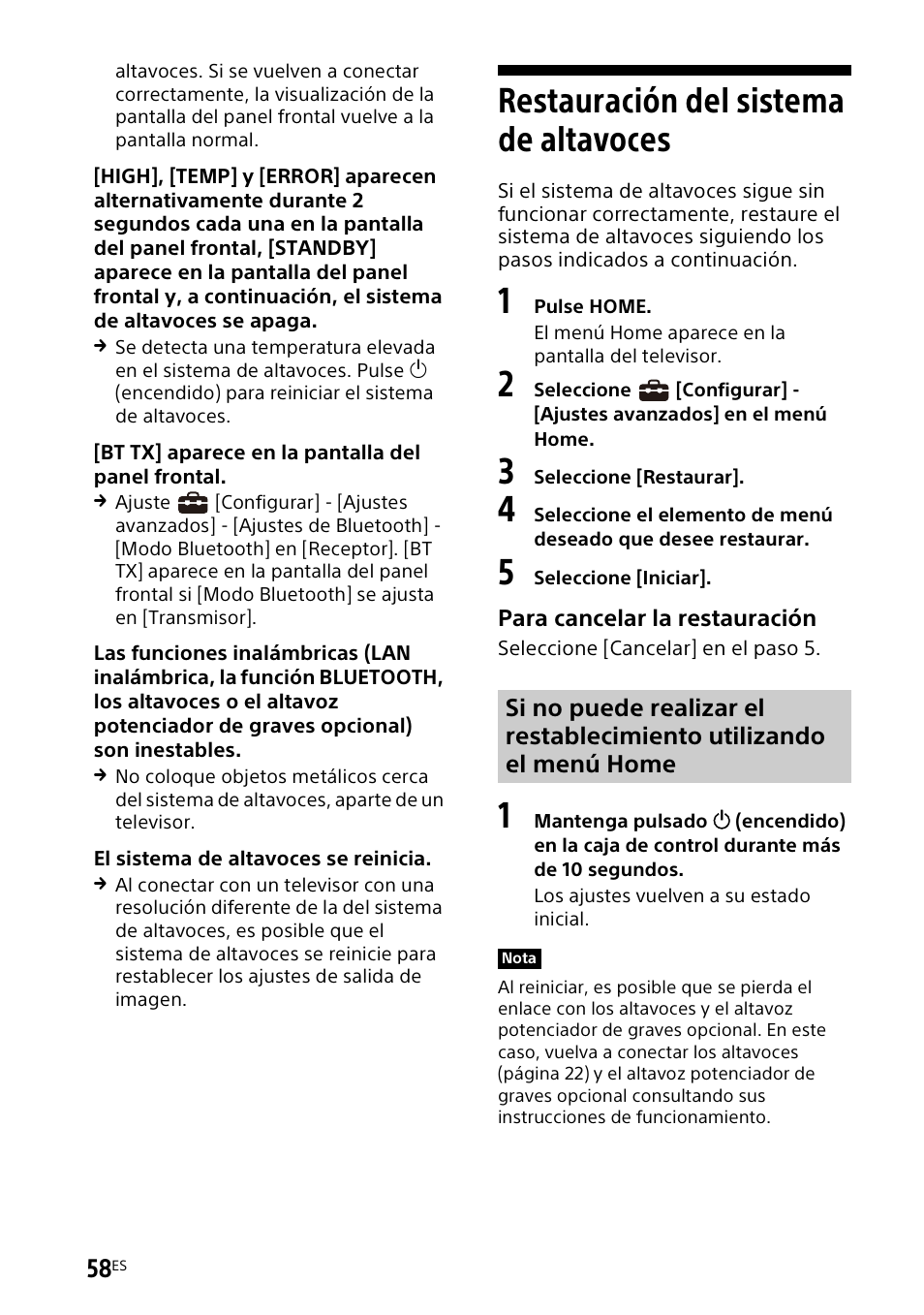 Restauración del sistema de altavoces, Restauración del sistema de, Altavoces | Sony UniSlot Interface Adapter (25-Pin Connector) User Manual | Page 204 / 220