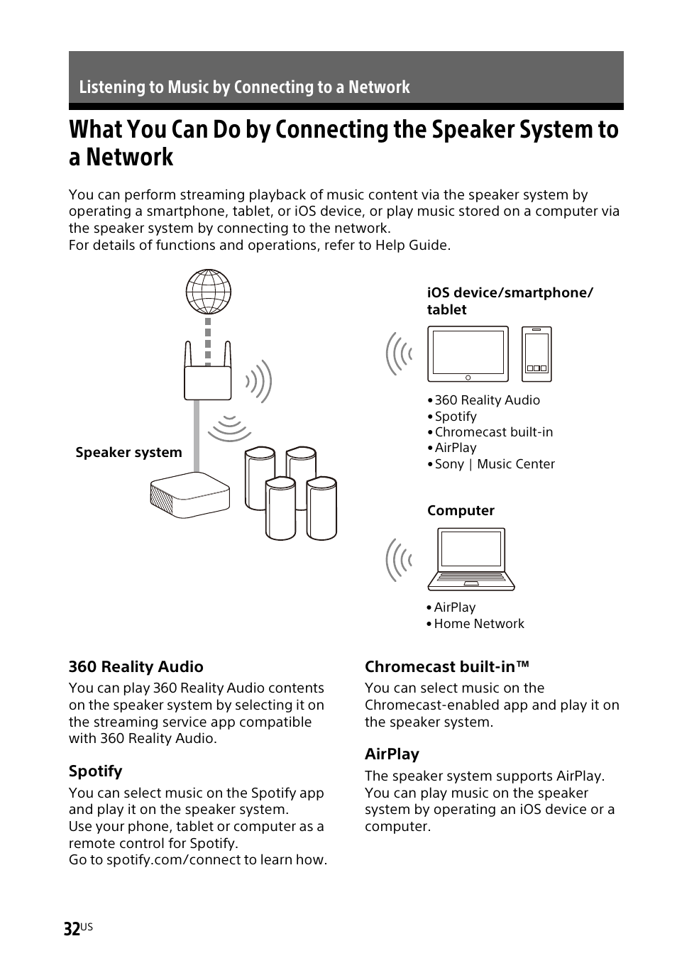 Listening to music by connecting to a network, What you can do by connecting the, Speaker system to a network | Sony UniSlot Interface Adapter (25-Pin Connector) User Manual | Page 34 / 220