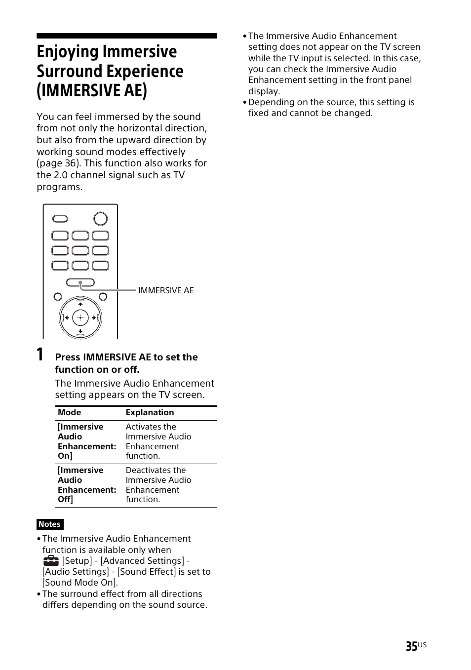 Enjoying immersive surround, Experience (immersive ae) | Sony UniSlot Interface Adapter (25-Pin Connector) User Manual | Page 37 / 220