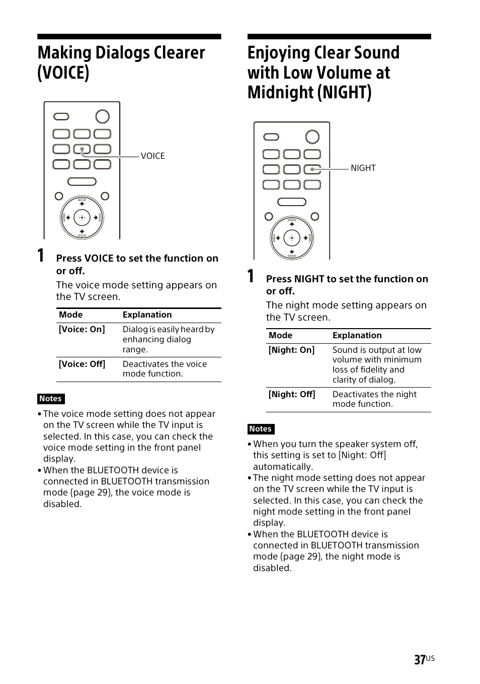 Making dialogs clearer (voice), Making dialogs clearer, Voice) | Enjoying clear sound with low, Volume at midnight (night) | Sony UniSlot Interface Adapter (25-Pin Connector) User Manual | Page 39 / 220