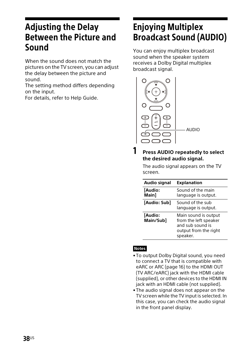 Adjusting the delay between the picture and sound, Enjoying multiplex broadcast sound (audio), Adjusting the delay between the | Picture and sound, Enjoying multiplex broadcast sound, Audio) | Sony UniSlot Interface Adapter (25-Pin Connector) User Manual | Page 40 / 220