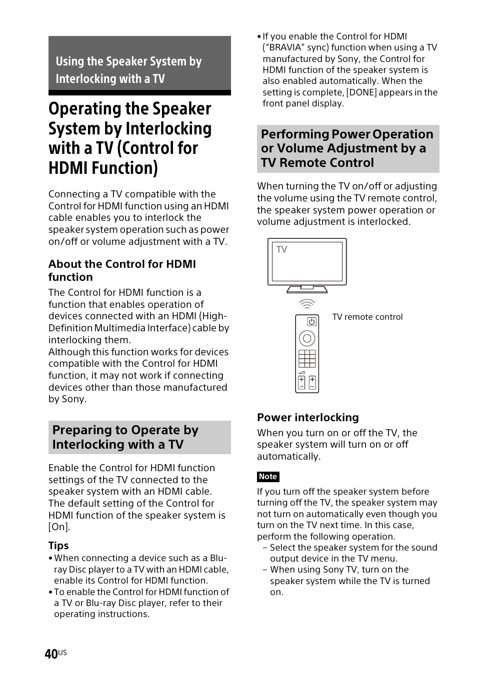 Using the speaker system by interlocking with a tv, Operating the speaker system by, Interlocking with a tv (control for hdmi function) | Sony UniSlot Interface Adapter (25-Pin Connector) User Manual | Page 42 / 220