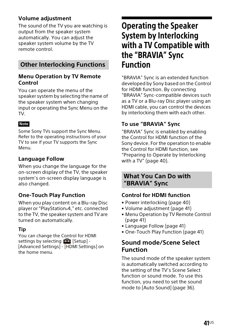 Operating the speaker system by, Sound mode/scene select function, Other interlocking functions | What you can do with “bravia” sync | Sony UniSlot Interface Adapter (25-Pin Connector) User Manual | Page 43 / 220