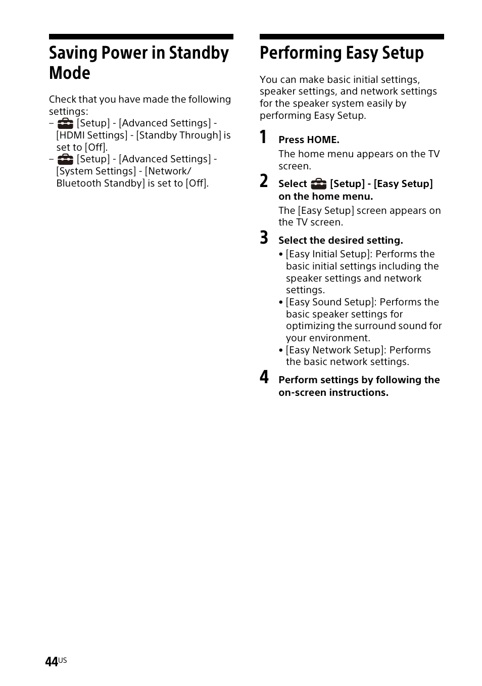 Saving power in standby mode, Performing easy setup, Saving power in standby | Mode | Sony UniSlot Interface Adapter (25-Pin Connector) User Manual | Page 46 / 220