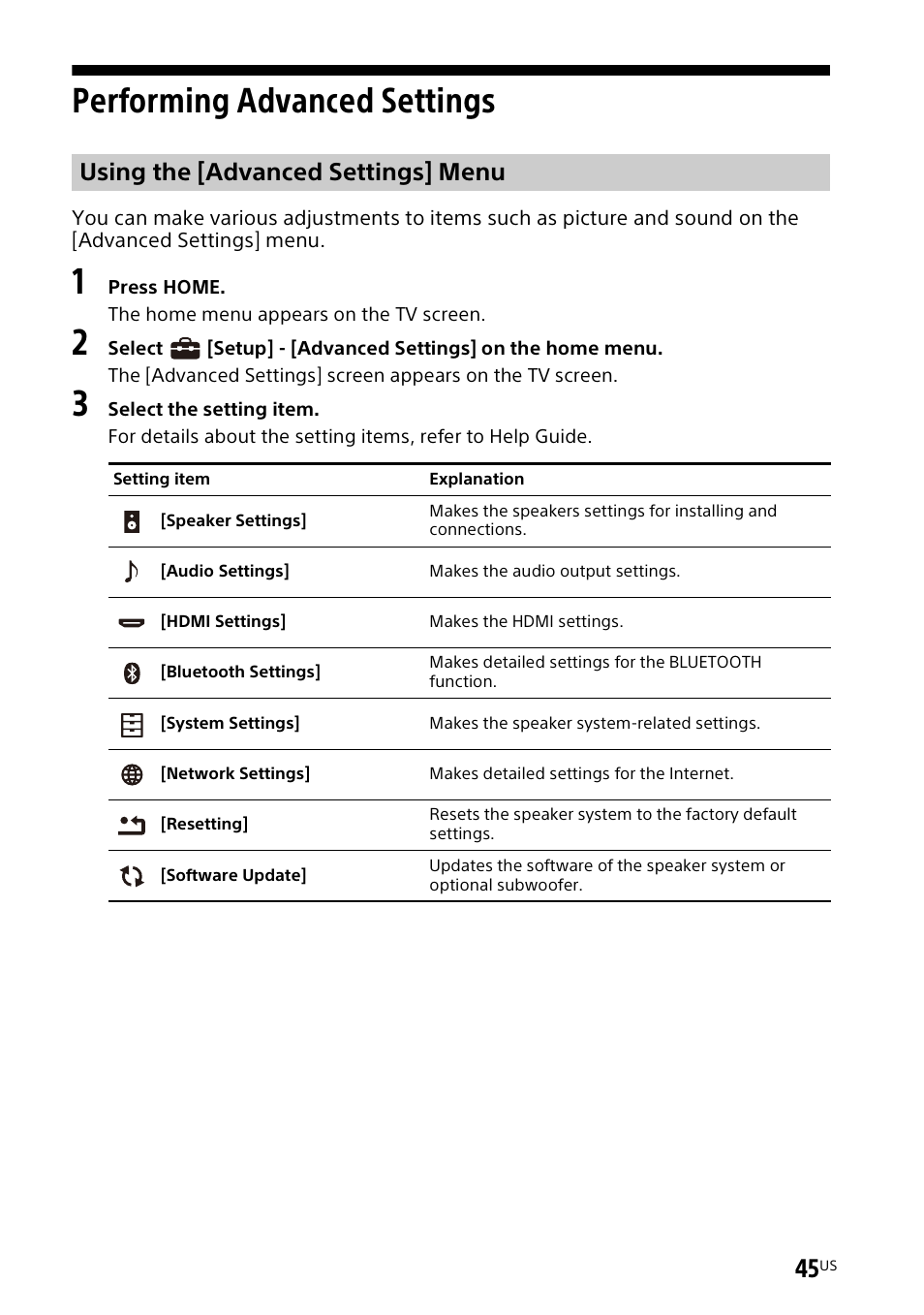 Performing advanced settings, Performing advanced, Settings | Using the [advanced settings] menu | Sony UniSlot Interface Adapter (25-Pin Connector) User Manual | Page 47 / 220