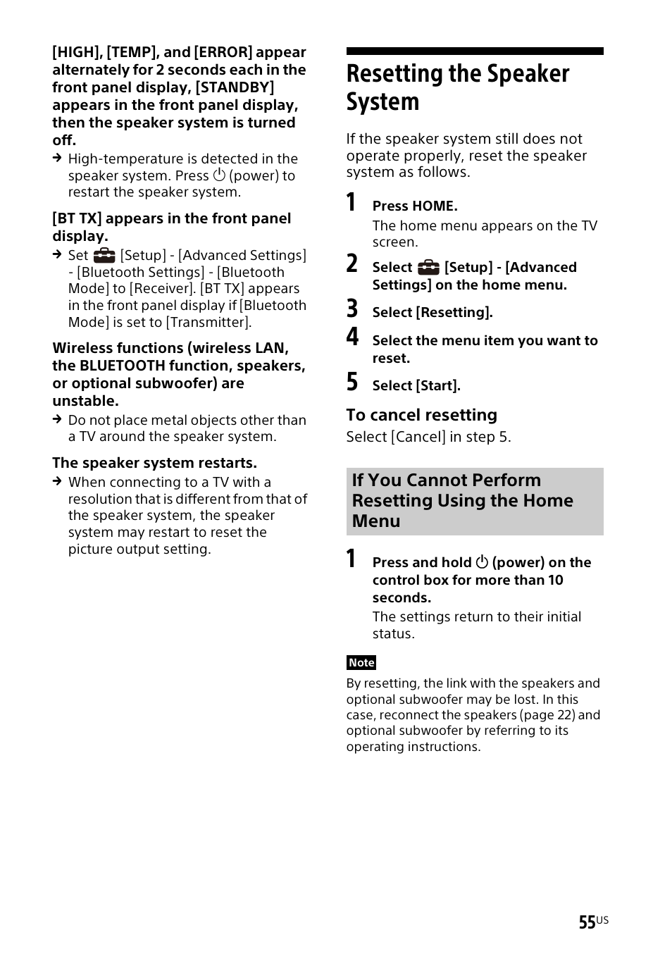 Resetting the speaker system | Sony UniSlot Interface Adapter (25-Pin Connector) User Manual | Page 57 / 220