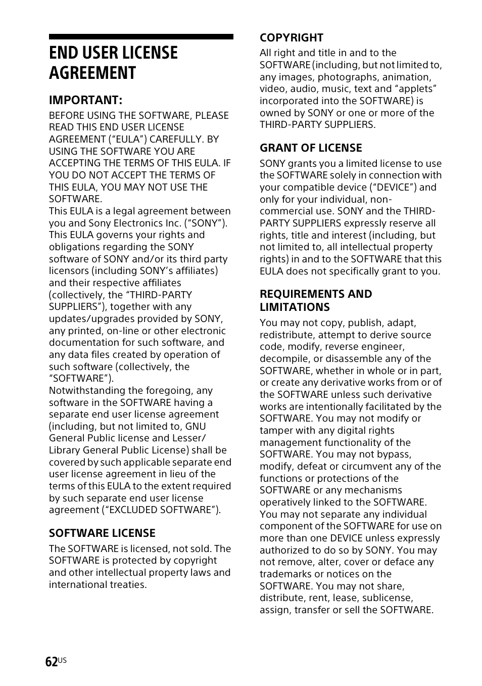 End user license agreement, End user license, Agreement | Sony UniSlot Interface Adapter (25-Pin Connector) User Manual | Page 64 / 220