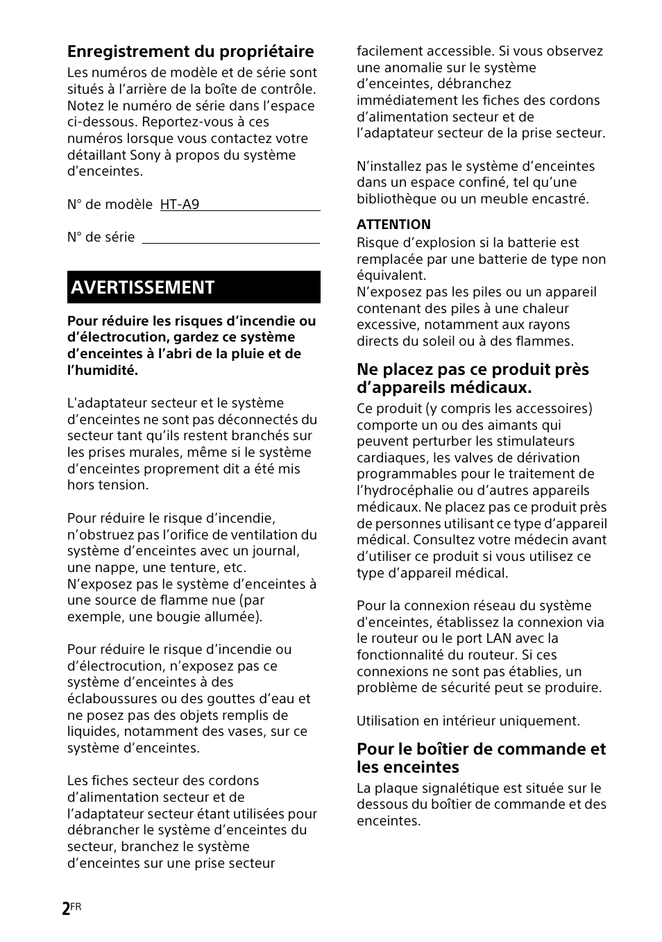 Avertissement | Sony UniSlot Interface Adapter (25-Pin Connector) User Manual | Page 74 / 220