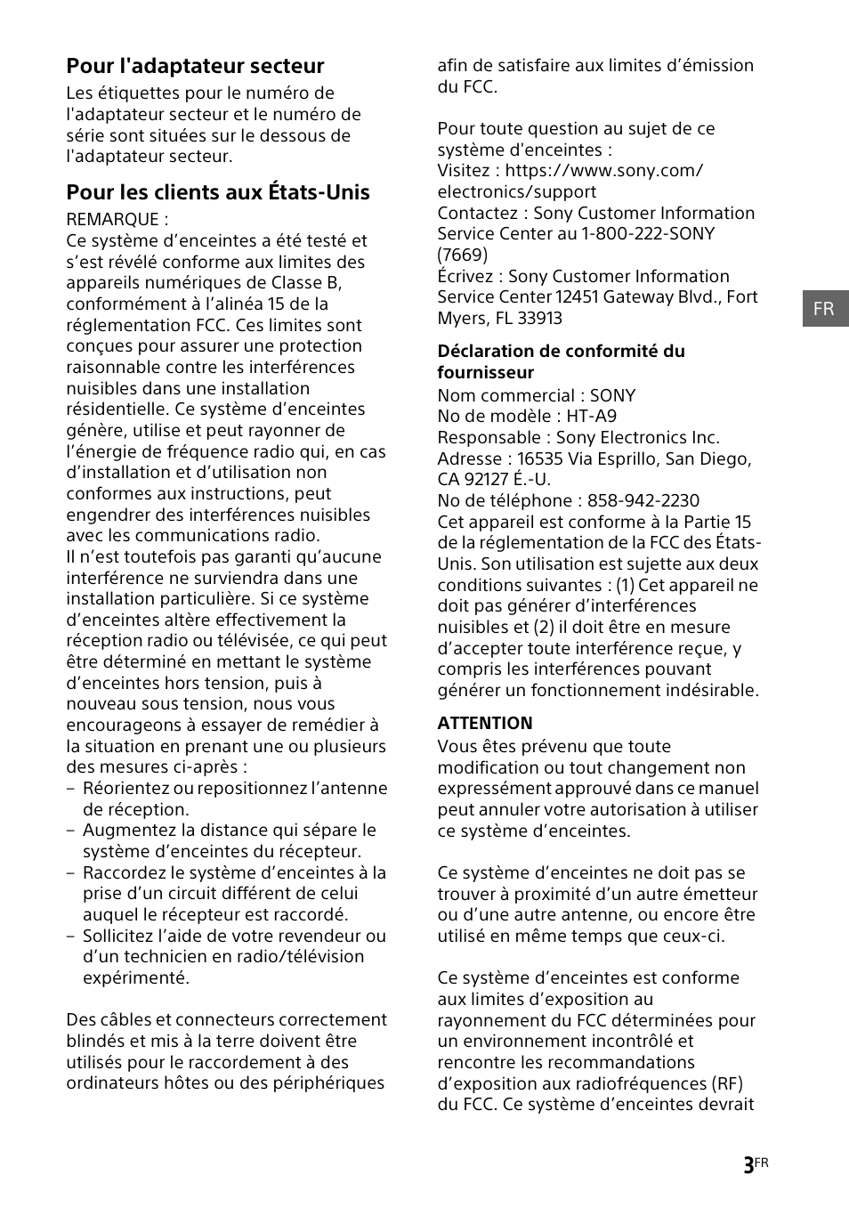 Pour l'adaptateur secteur, Pour les clients aux états-unis | Sony UniSlot Interface Adapter (25-Pin Connector) User Manual | Page 75 / 220