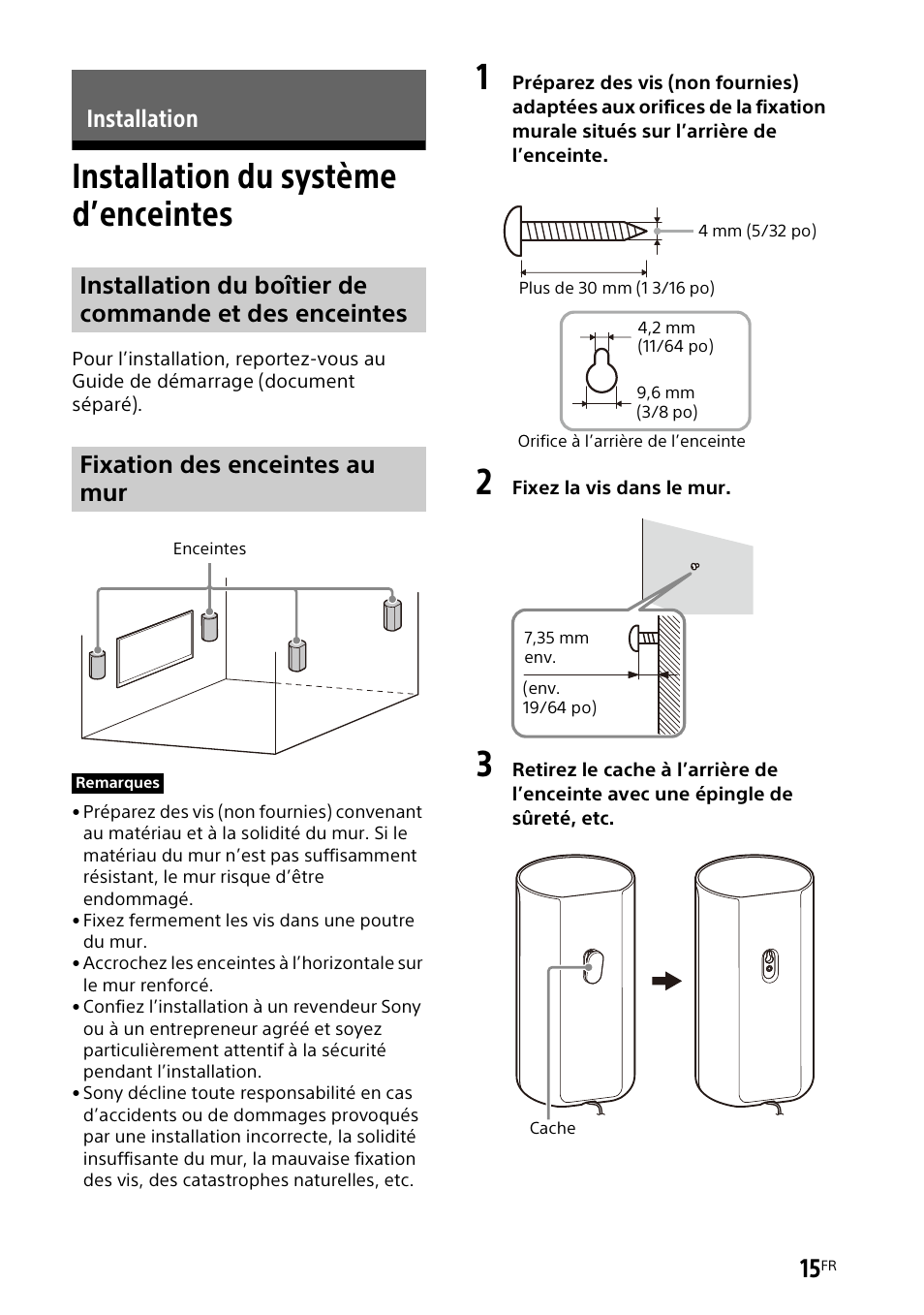 Installation, Installation du système d’enceintes, Installation du système | D’enceintes | Sony UniSlot Interface Adapter (25-Pin Connector) User Manual | Page 87 / 220