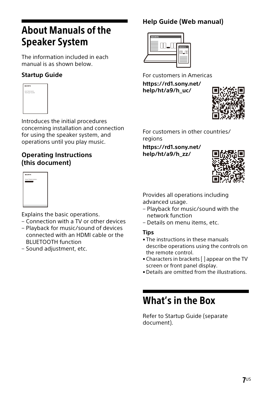 About manuals of the speaker system, About manuals of the speaker, System | What’s in the box | Sony UniSlot Interface Adapter (25-Pin Connector) User Manual | Page 9 / 220