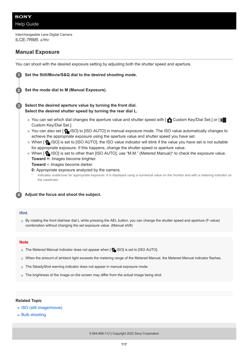 Manual exposure, Help guide | Sony PCM-A10 High-Resolution Audio Recorder User Manual | Page 117 / 535