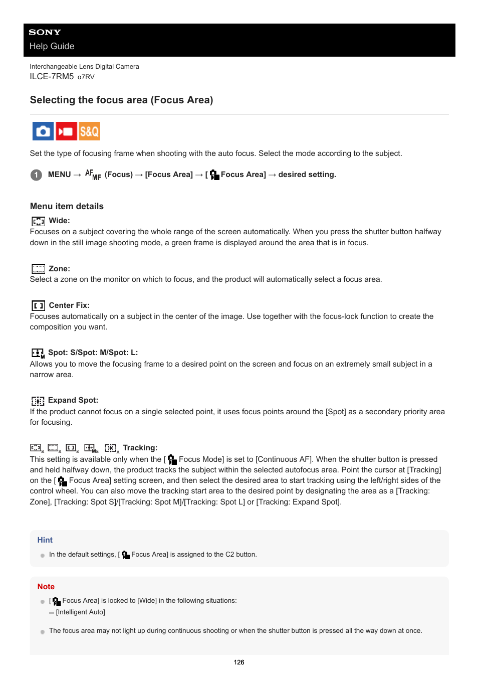 Selecting the focus area (focus area), Focus area | Sony PCM-A10 High-Resolution Audio Recorder User Manual | Page 126 / 535