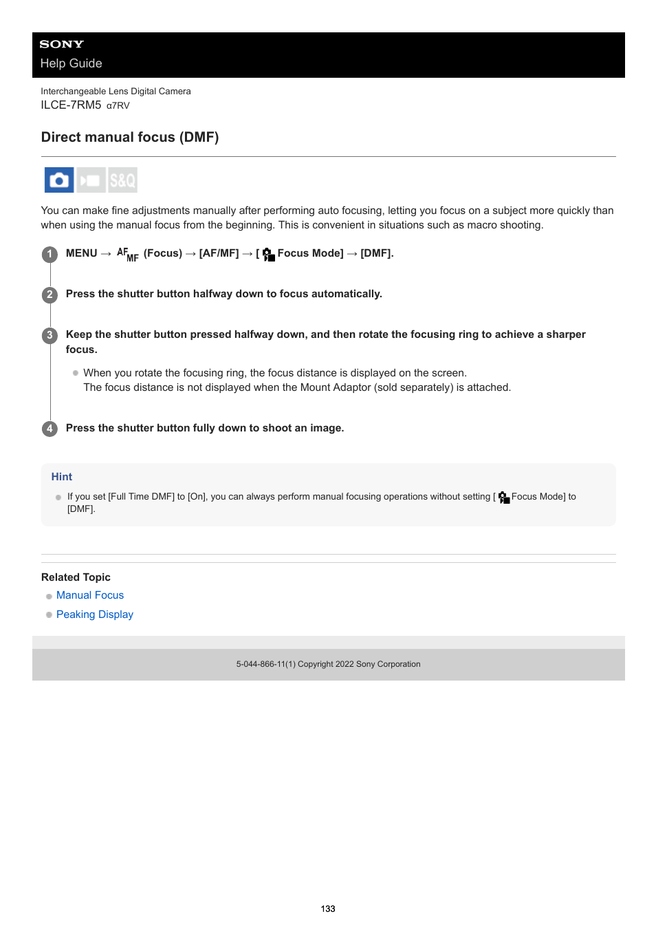 Direct manual focus (dmf) | Sony PCM-A10 High-Resolution Audio Recorder User Manual | Page 133 / 535