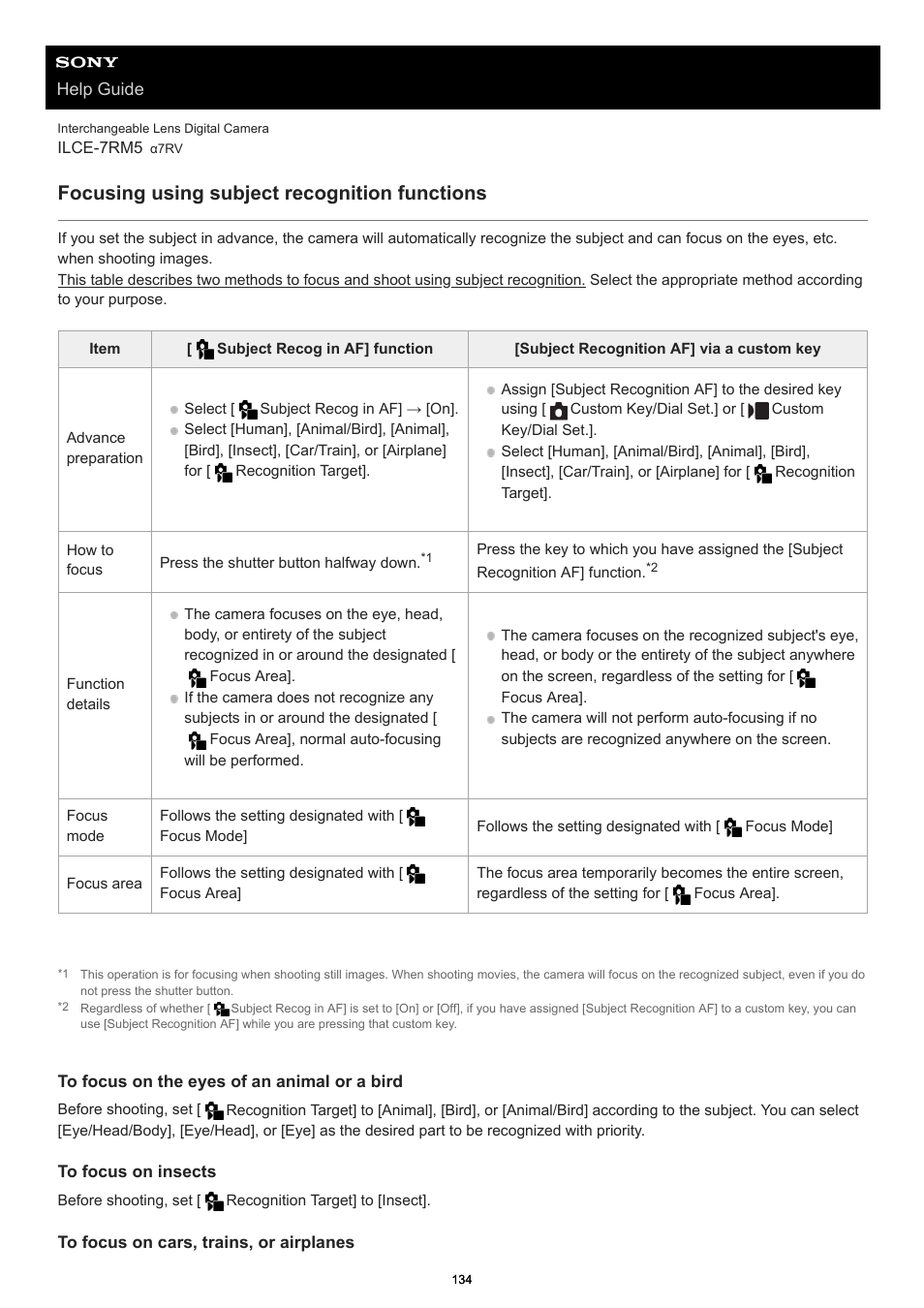 Focusing using the subject recognition function, Focusing using subject recognition functions | Sony PCM-A10 High-Resolution Audio Recorder User Manual | Page 134 / 535