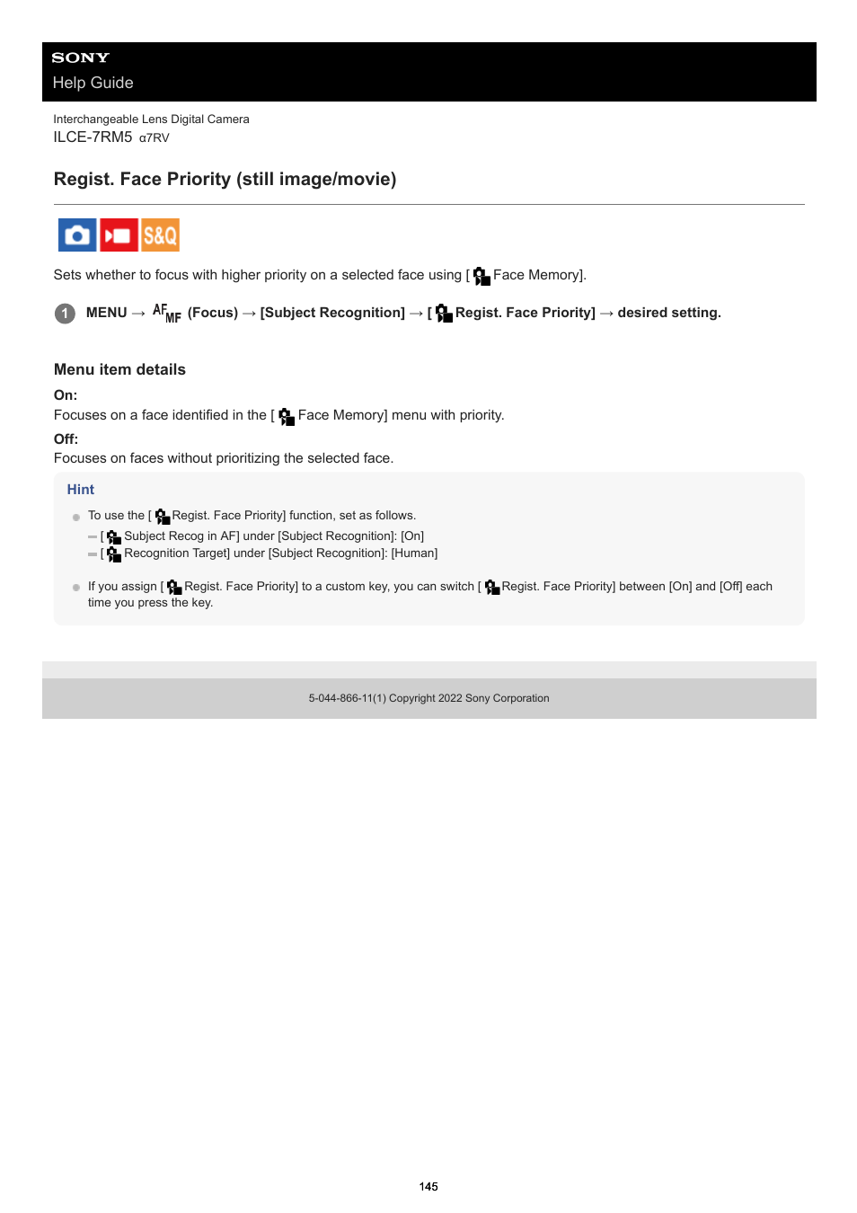 Regist. face priority (still image/movie), Regist. face priority, Help guide | Sony PCM-A10 High-Resolution Audio Recorder User Manual | Page 145 / 535