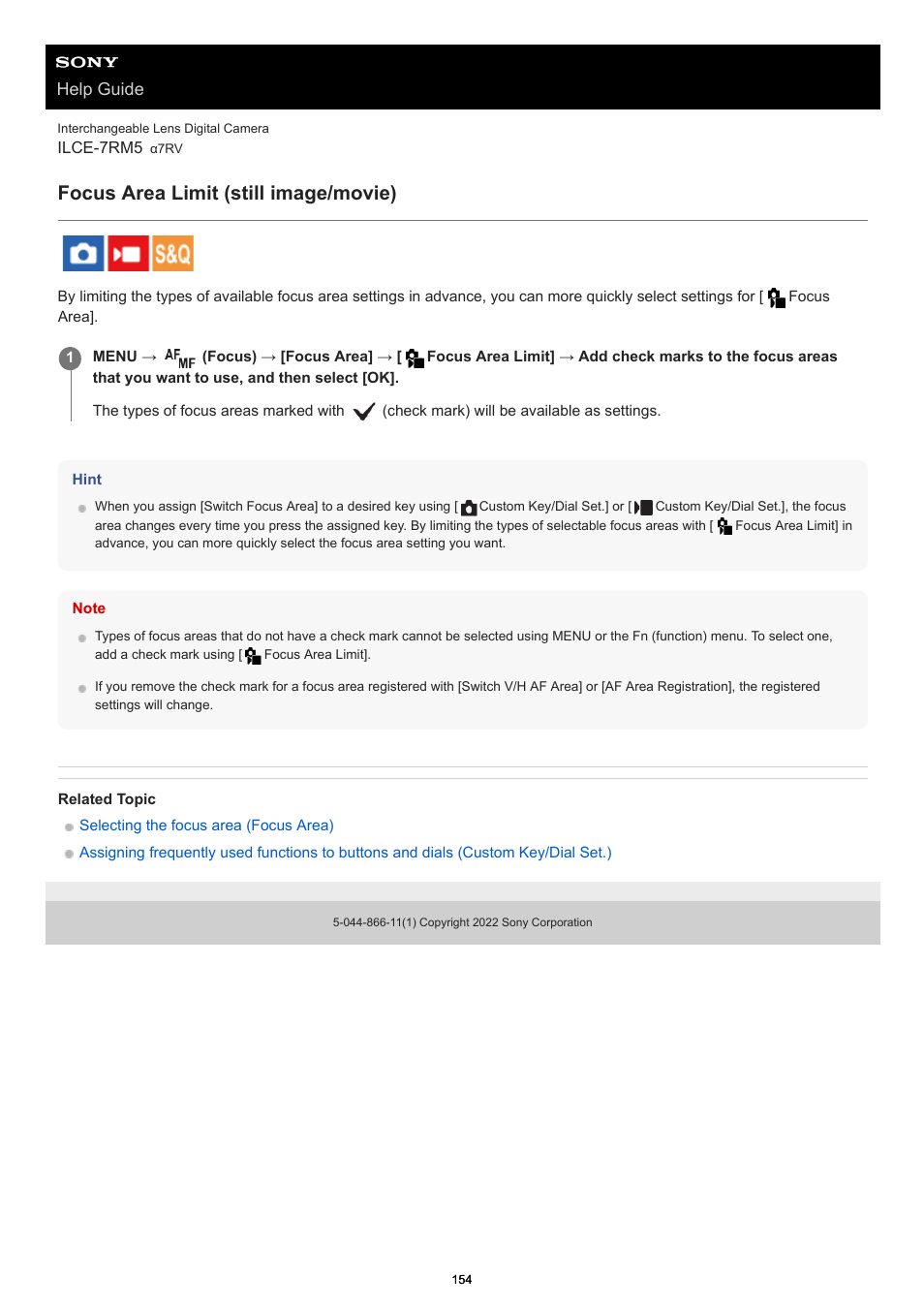 Focus area limit (still image/movie), Focus area limit, Help guide | Sony PCM-A10 High-Resolution Audio Recorder User Manual | Page 154 / 535