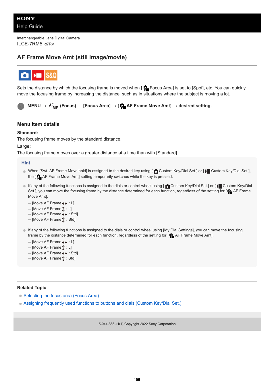 Af frame move amt (still image/movie), Af frame move amt, Help guide | Sony PCM-A10 High-Resolution Audio Recorder User Manual | Page 156 / 535