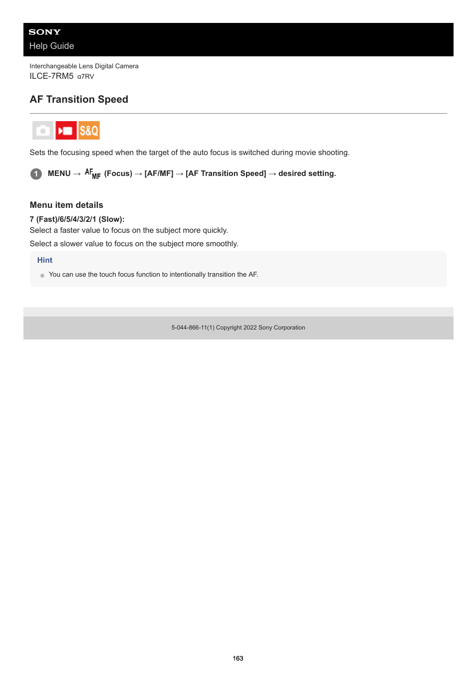 Af transition speed | Sony PCM-A10 High-Resolution Audio Recorder User Manual | Page 163 / 535