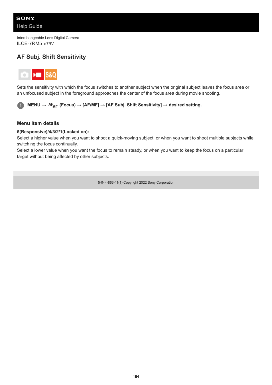 Af subj. shift sensitivity | Sony PCM-A10 High-Resolution Audio Recorder User Manual | Page 164 / 535