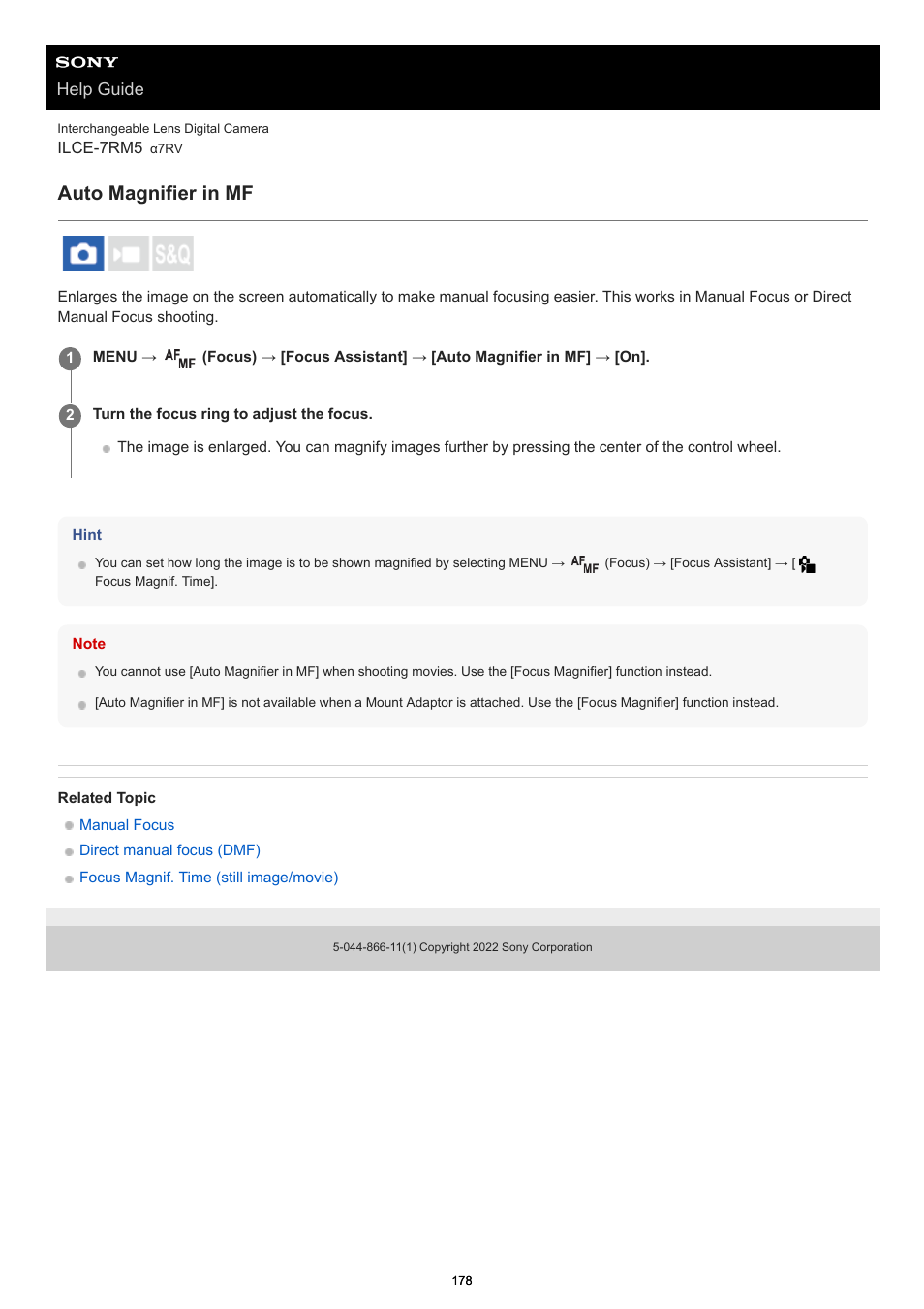 Auto magnifier in mf, Help guide | Sony PCM-A10 High-Resolution Audio Recorder User Manual | Page 178 / 535