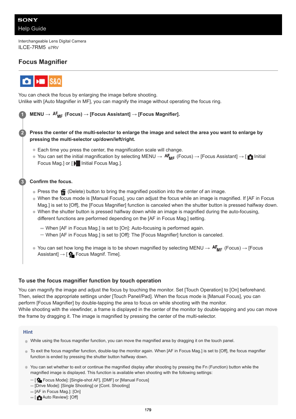 Focus magnifier | Sony PCM-A10 High-Resolution Audio Recorder User Manual | Page 179 / 535