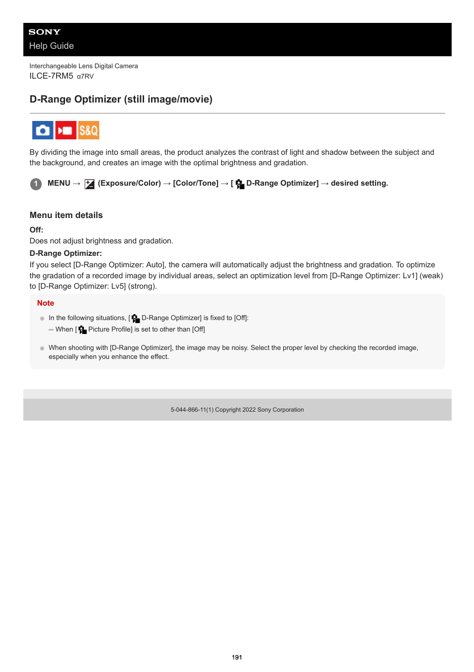 D-range optimizer (still image/movie), D-range optimizer, Help guide | Sony PCM-A10 High-Resolution Audio Recorder User Manual | Page 191 / 535