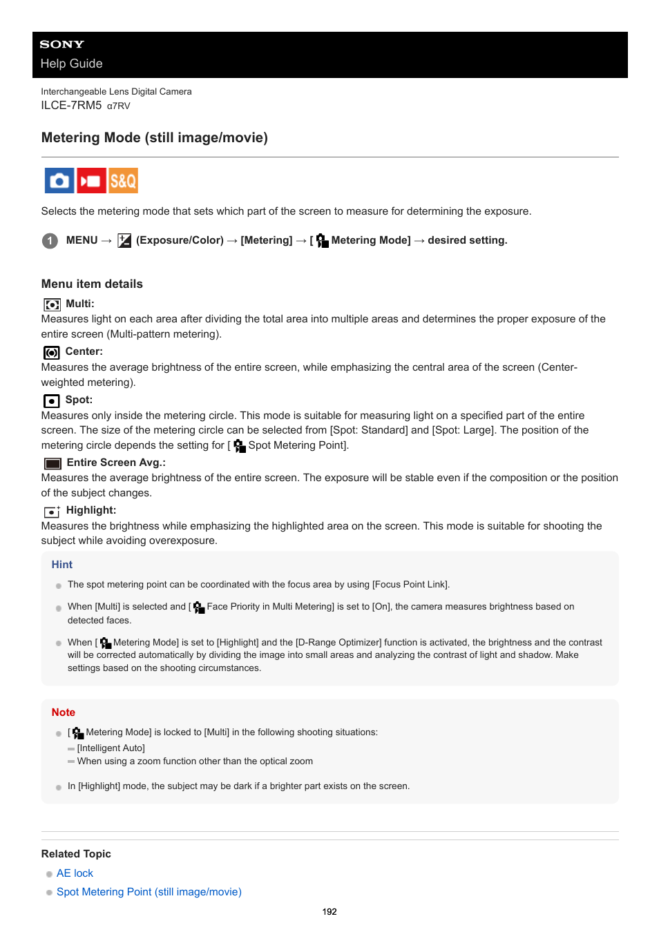 Metering mode (still image/movie), Metering mode, Help guide | Sony PCM-A10 High-Resolution Audio Recorder User Manual | Page 192 / 535
