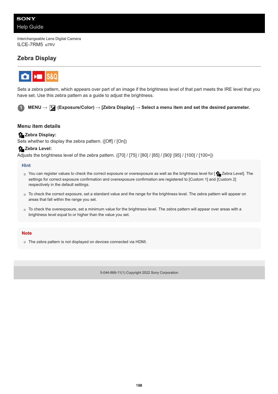 Zebra display, Zebra level, Help guide | Sony PCM-A10 High-Resolution Audio Recorder User Manual | Page 198 / 535