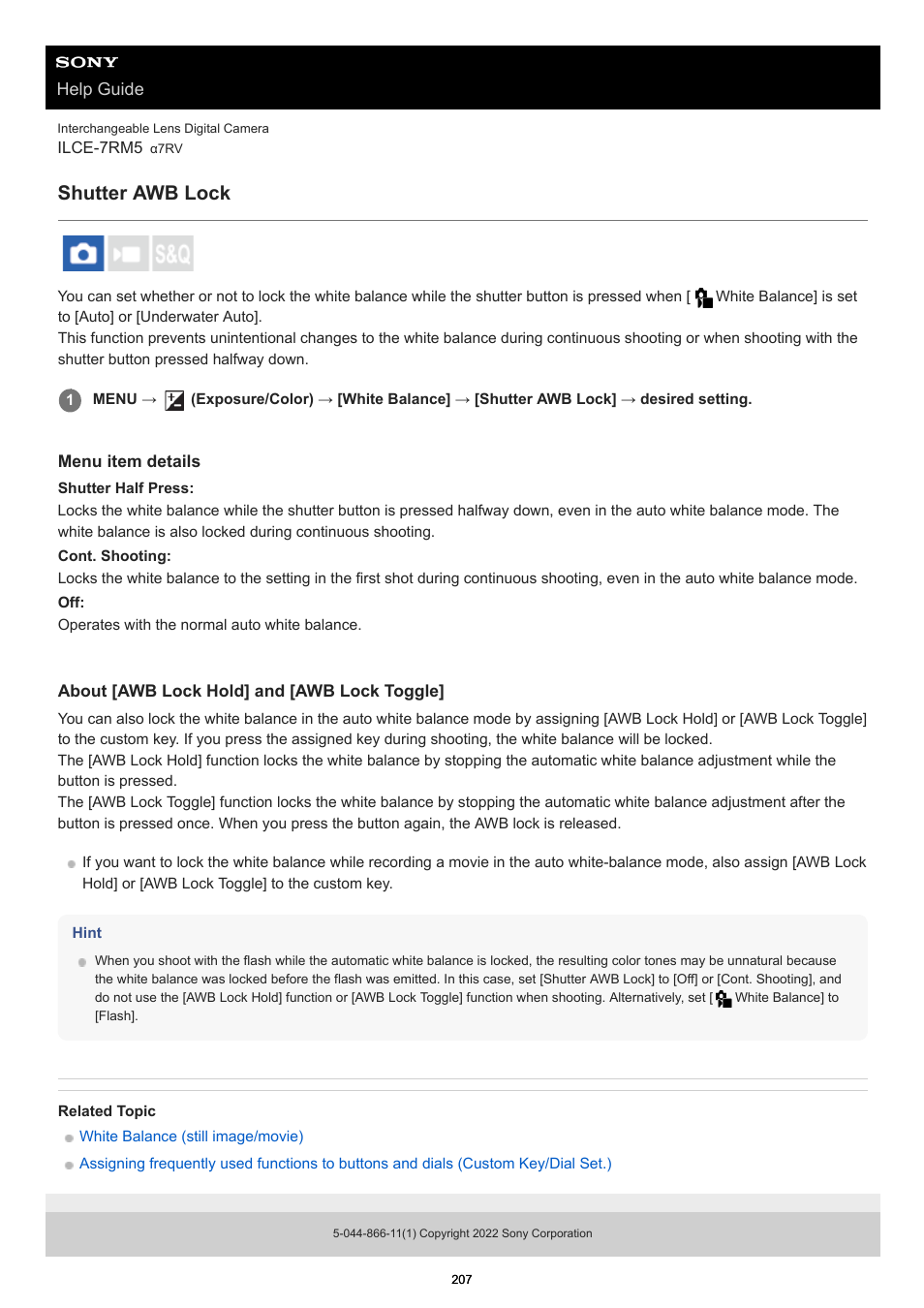 Shutter awb lock | Sony PCM-A10 High-Resolution Audio Recorder User Manual | Page 207 / 535