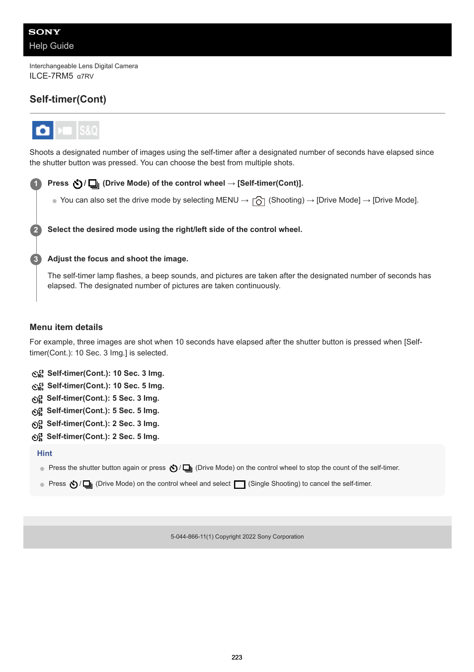 Self-timer(cont), Help guide | Sony PCM-A10 High-Resolution Audio Recorder User Manual | Page 223 / 535